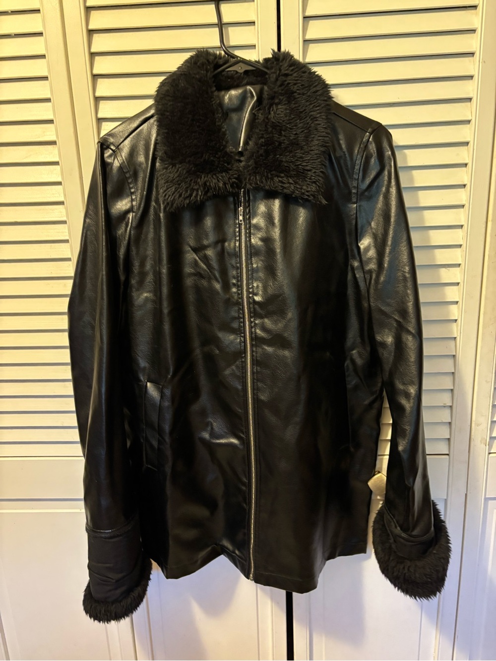 Black Faux Leather Jacket with Faux Fur Trim size 10